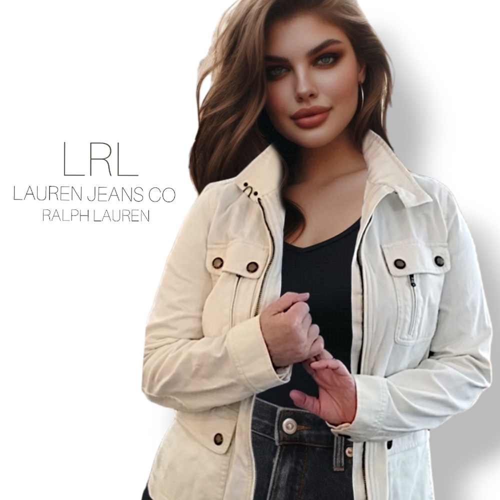 Lauren Jeans Co Ralph Lauren Cream Denim Utility Jacket L Vintage Y2K - Picture 6 of 7